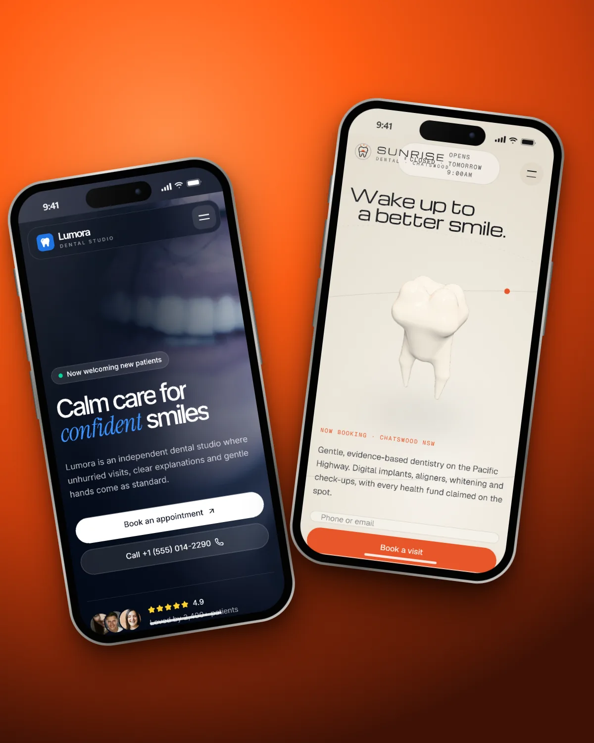 Lumora and Sunrise Dental sites on two phones against an ember backdrop